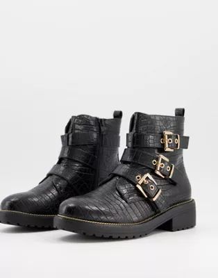 Miss Selfridge moto boots with buckle detail in black | ASOS (Global)