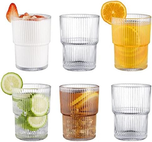Ribbed Glassesware 14 Oz Ripple Drinking Glasses Iced Coffee Glasses Glass Cup Set Of 6 Vintage D... | Amazon (US)