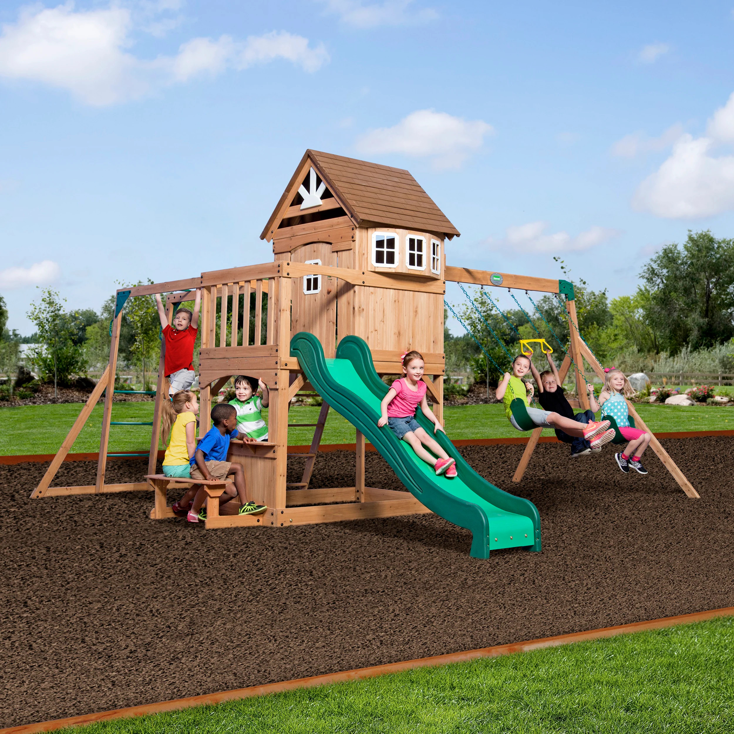 Backyard Discovery Montpelier Playset Residential Wood Playset with 2 Swings and Slide Included one_size in Brown | 30211FCOM | Lowe's