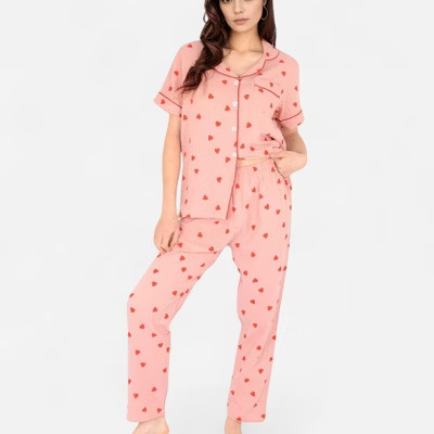 Anna-Kaci Lounge Women's Red Heart Print Pajama Set with Short Sleeve Button-Up Top and Relaxed Fit Elastic Waist Pants - Pink, Small | Target