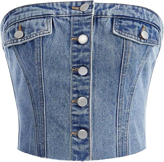 Milumia Women's Button Front Denim Tube Top Raw Hem Strapless Bandeau Jean Tops | Amazon (US)