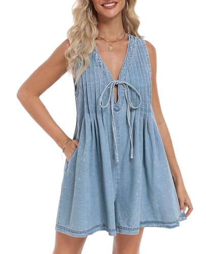 Vidifid Women's Denim Romper Casual Summer Sleeveless Jean Romper Tie Front V Neck Ruffle Jean Short Overall with Pockets | Amazon (US)