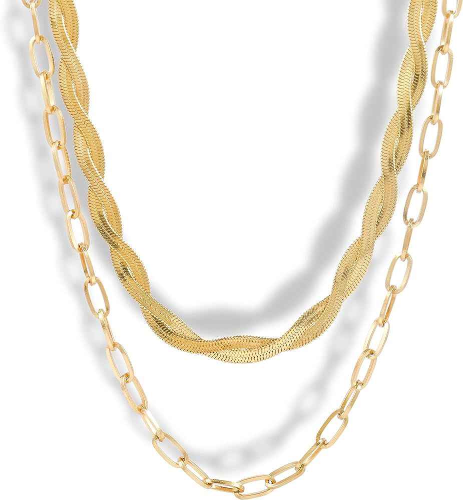 Gold Layered Necklaces For Women Girls Paperclip Link Herringbone Snake 18K Real Gold Plated Stainle | Amazon (US)