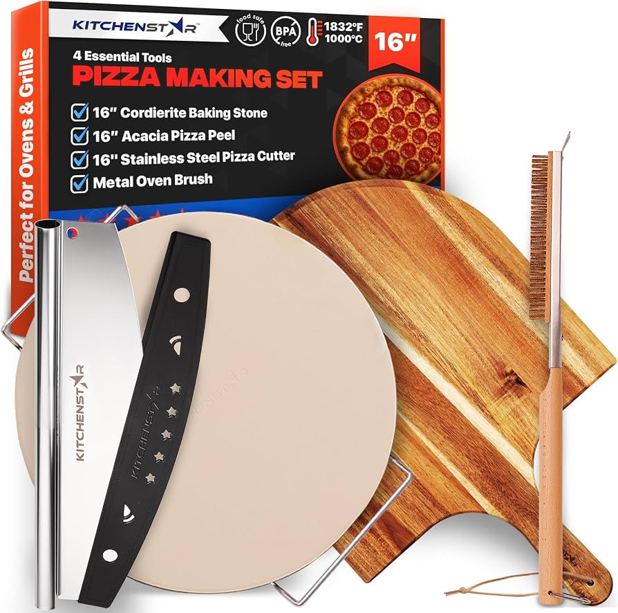 KitchenStar 16-inch Pizza Making Set, 6 PCS - Pizza Stone + Stainless Steel Rack, Acacia Wood Pizza Peel, Pizza Cutter Rocker + Protective Cover, Metal Brush - Oven & Grill Accessories Kit | Amazon (US)