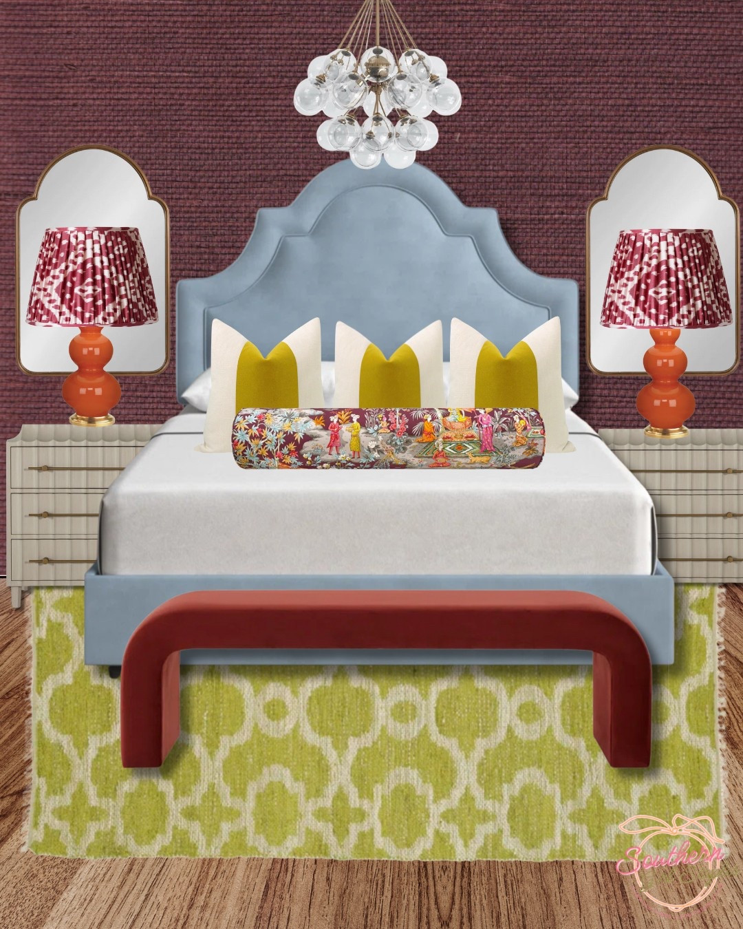 A fearless mix of color, pattern, and texture — because boring bedrooms are simply not an option.
Bold burgundy, citrus green, soft powder blue, and pops of playful prints make this space come alive!
Which detail is your favorite: the ikat lampshades, the vibrant bolster pillow, or the sculptural bench?
#BedroomGoals #ColorfulHome #BoldDesign #EclecticStyle #InteriorInspo

Bold Decor | Eclectic Bedroom | Colorful Interiors | Pattern Mixing | Vibrant Home | Interior Design | Statement Lighting | Unique Style | Playful Patterns | Designer Bedroom | Modern Eclectic | Home Inspiration | Layered Textures | Artistic Interiors | Maximalist Decor

#LTKSeasonal #LTKHome #LTKFamily