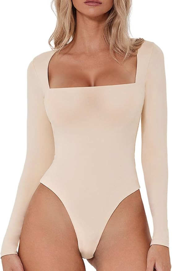 QINSEN Women's Sexy Square Neck Bodysuit Long Sleeve Double Lined Shirt Tops | Amazon (US)