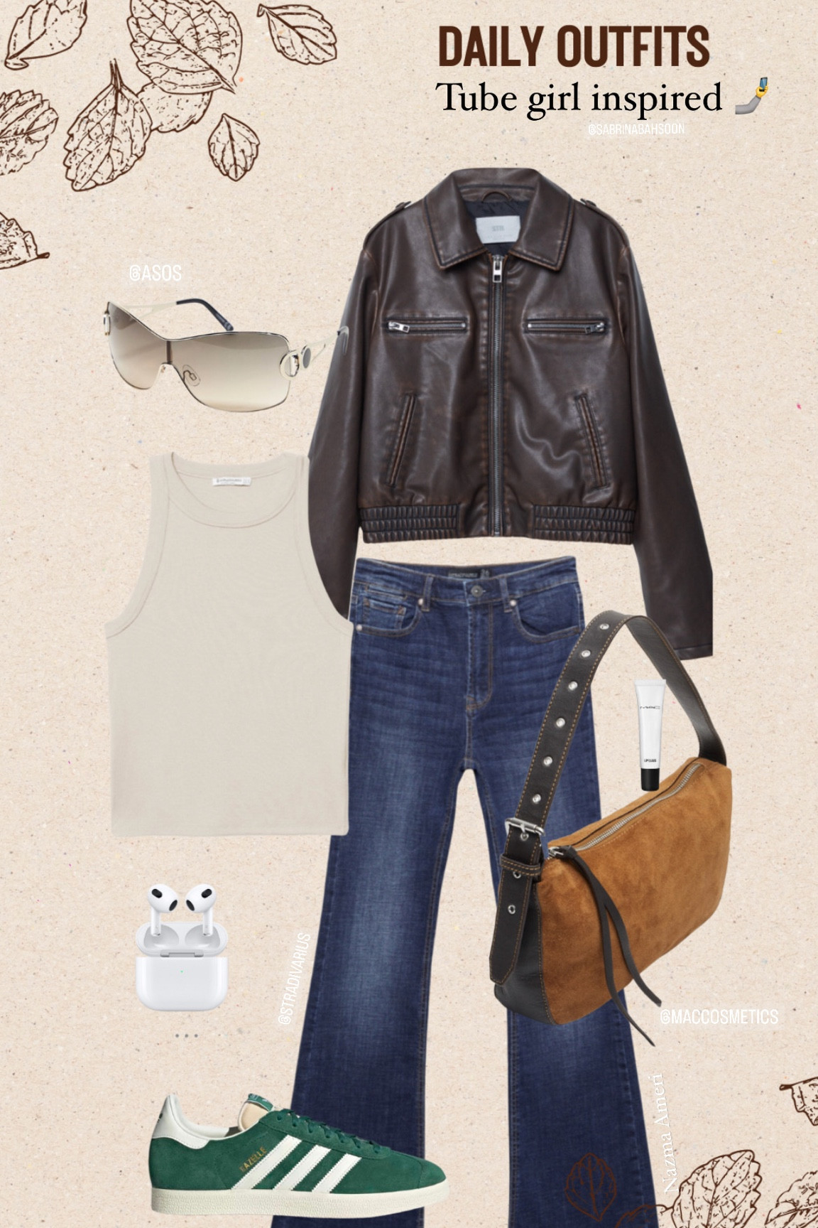 Tube girl inspired outfit flared blue jeans leather jacket max lipglass wrap sunglasses 