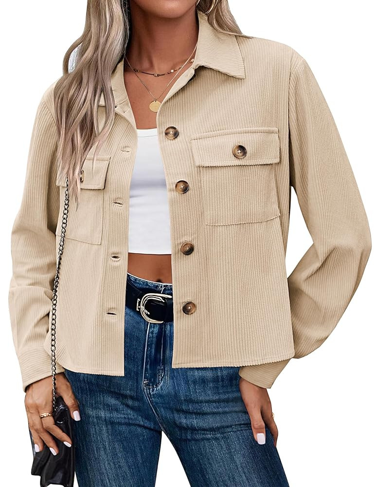 Zeagoo Womens Fashion Cropped Shackets Corduroy Button Down Crop Jackets Tops Long Sleeve Shirts ... | Amazon (US)