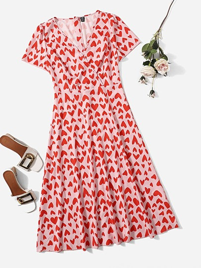 Heart Print Puff Sleeve Dress | SHEIN
