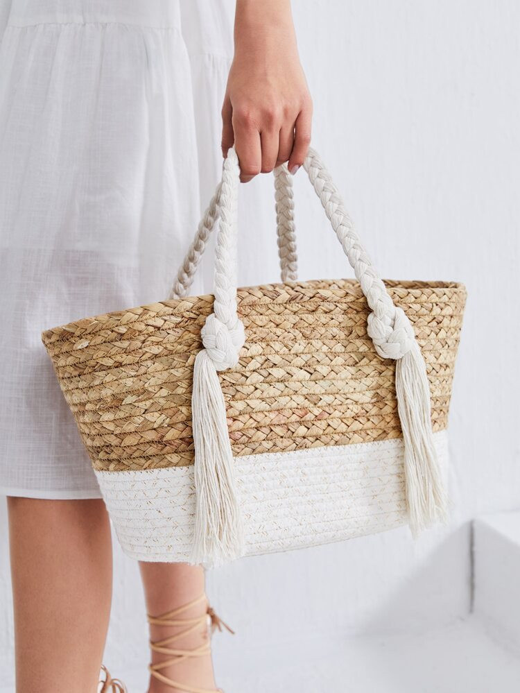 Tassel Decor Colorblock Straw Bag | SHEIN
