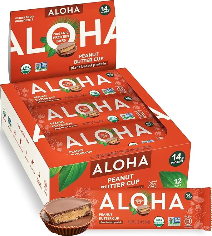 ALOHA Organic Plant Based Protein Bars - Peanut Butter Cup Bar - 12 Bars, Vegan, Low Sugar, Glute... | Amazon (US)