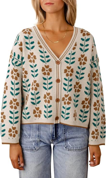 Saodimallsu Womens Floral Print V Neck Cardigan Open Front Button Down Knit Sweater Long Sleeve L... | Amazon (US)