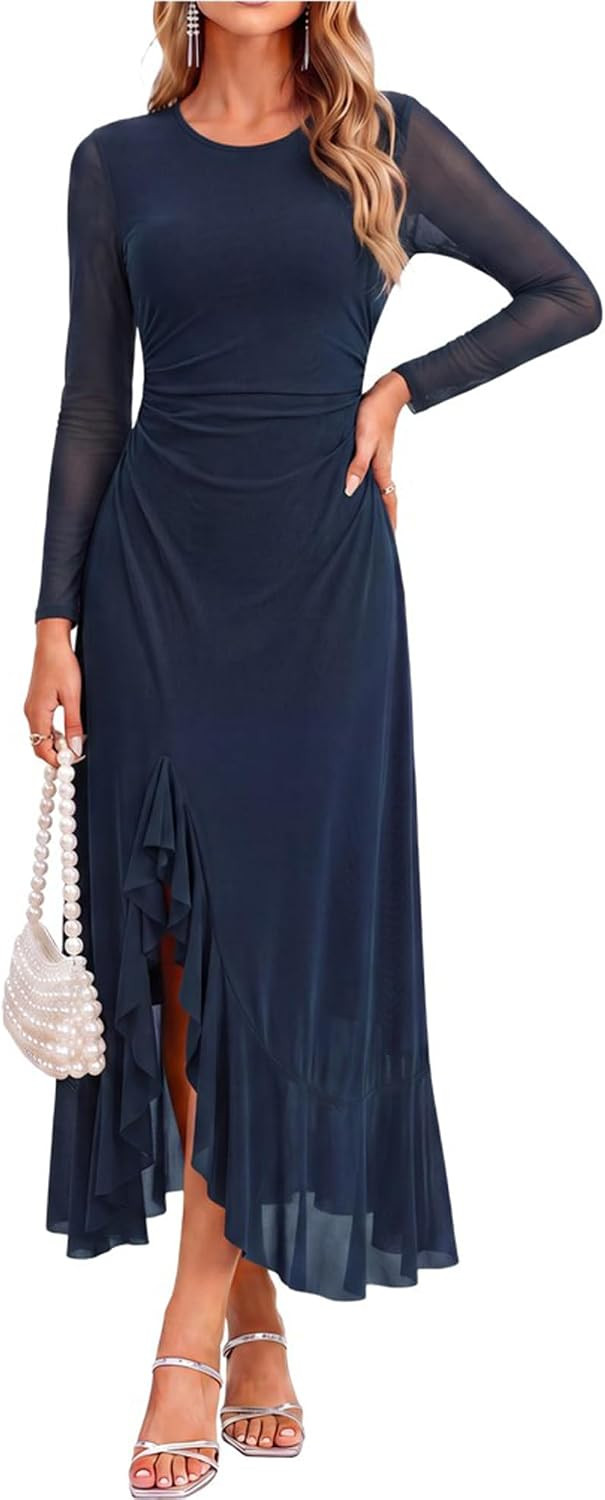 GRACE KARIN Women's Fall Wedding Guest Dress Long Sleeve Maxi Mesh Dresses | Amazon (US)