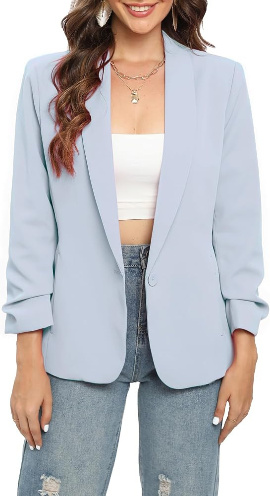 Womens Blazer Ruched Sleeve Shawl Lapel Suit Blazers Jackets with Pockets for Women Business Casu... | Amazon (US)
