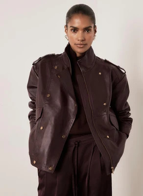 Burgundy Leather Oversized Bomber Jacket | Mint Velvet - US