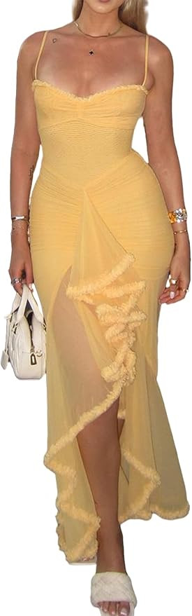 NRTHYE Women Elegant Irregular Ruffles Hem Maxi Dress Mesh Ruched Sleeveless Backless Pleated Lon... | Amazon (US)
