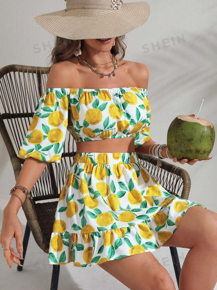 SHEIN WYWH Lemon Print Off Shoulder Crop Top & Ruffle Hem Skirt | SHEIN