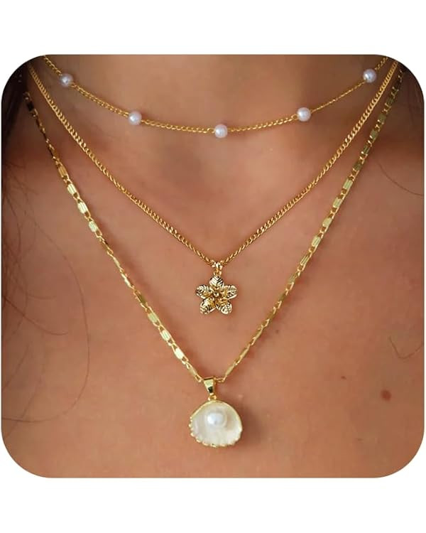 Charm Necklaces for Women,14k Gold Plated Waterproof Dainty Choker Necklace Summer Seashell Pearl... | Amazon (US)