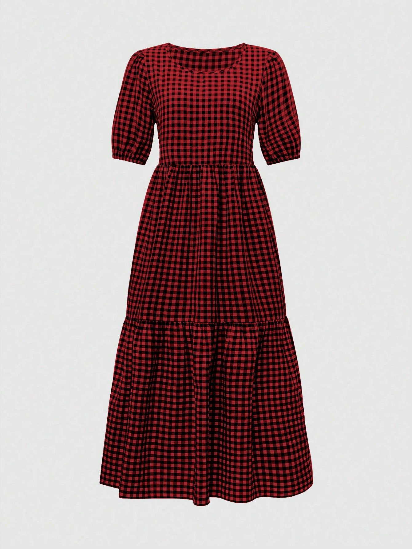 SHEIN Holidaya Spring & Summer Plaid Round Neck Puff Sleeve Casual Dress | SHEIN