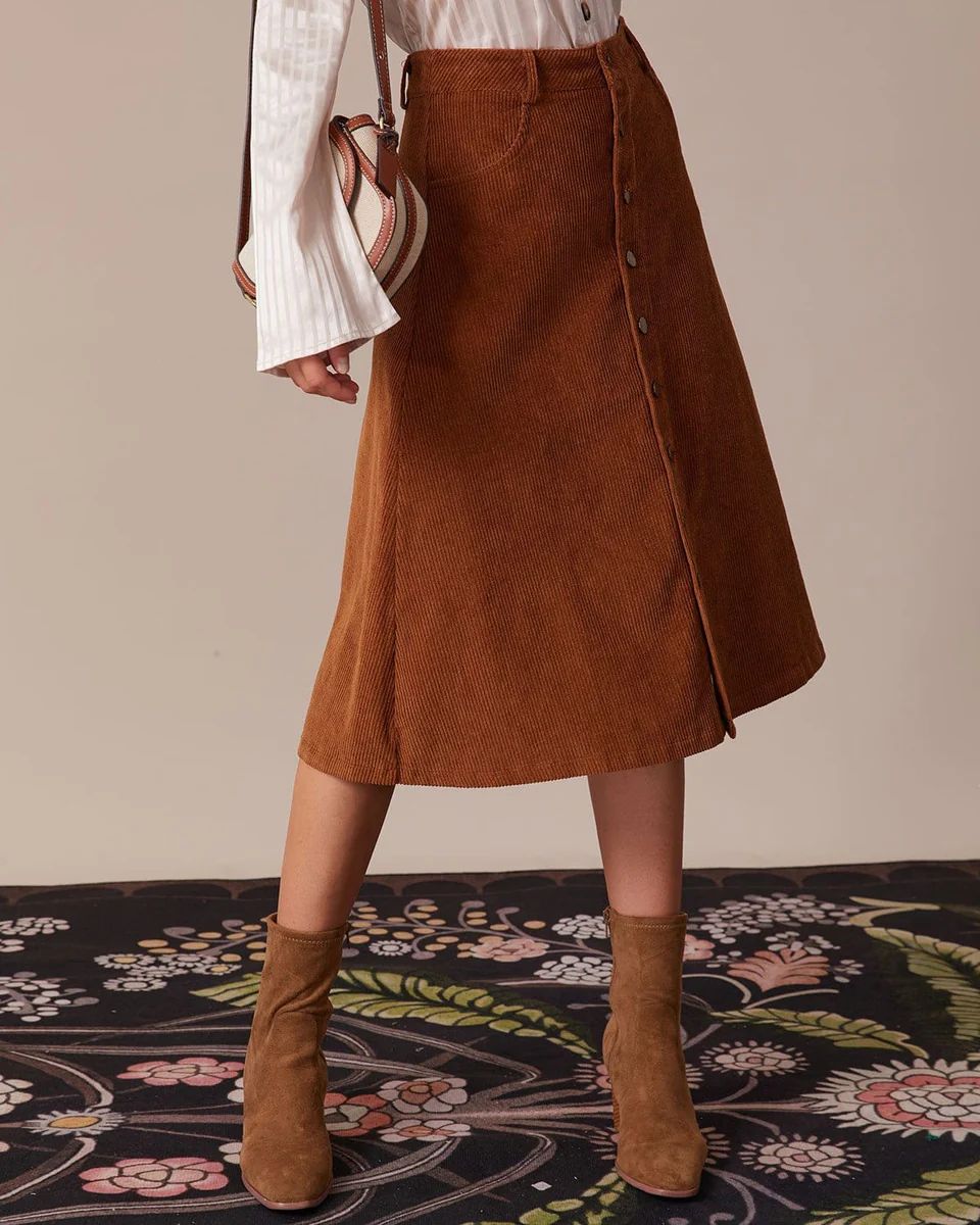 The Brown Button-Front Corduroy Midi Skirt & Reviews - Brown - Bottoms | RIHOAS | rihoas.com