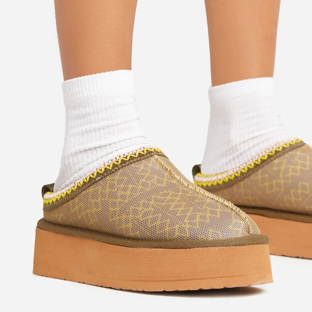 Tazzi Yellow Aztec Detail Faux Fur Lining Platform Slipper In Khaki Green | EGO Shoes (US & Canada)