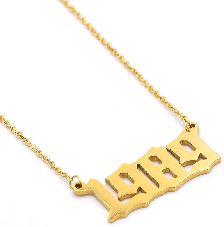 VLINRAS Birth Year Necklace for Women, Old English Gold Birth Year Number Pendant Necklace Girls Bir | Amazon (US)