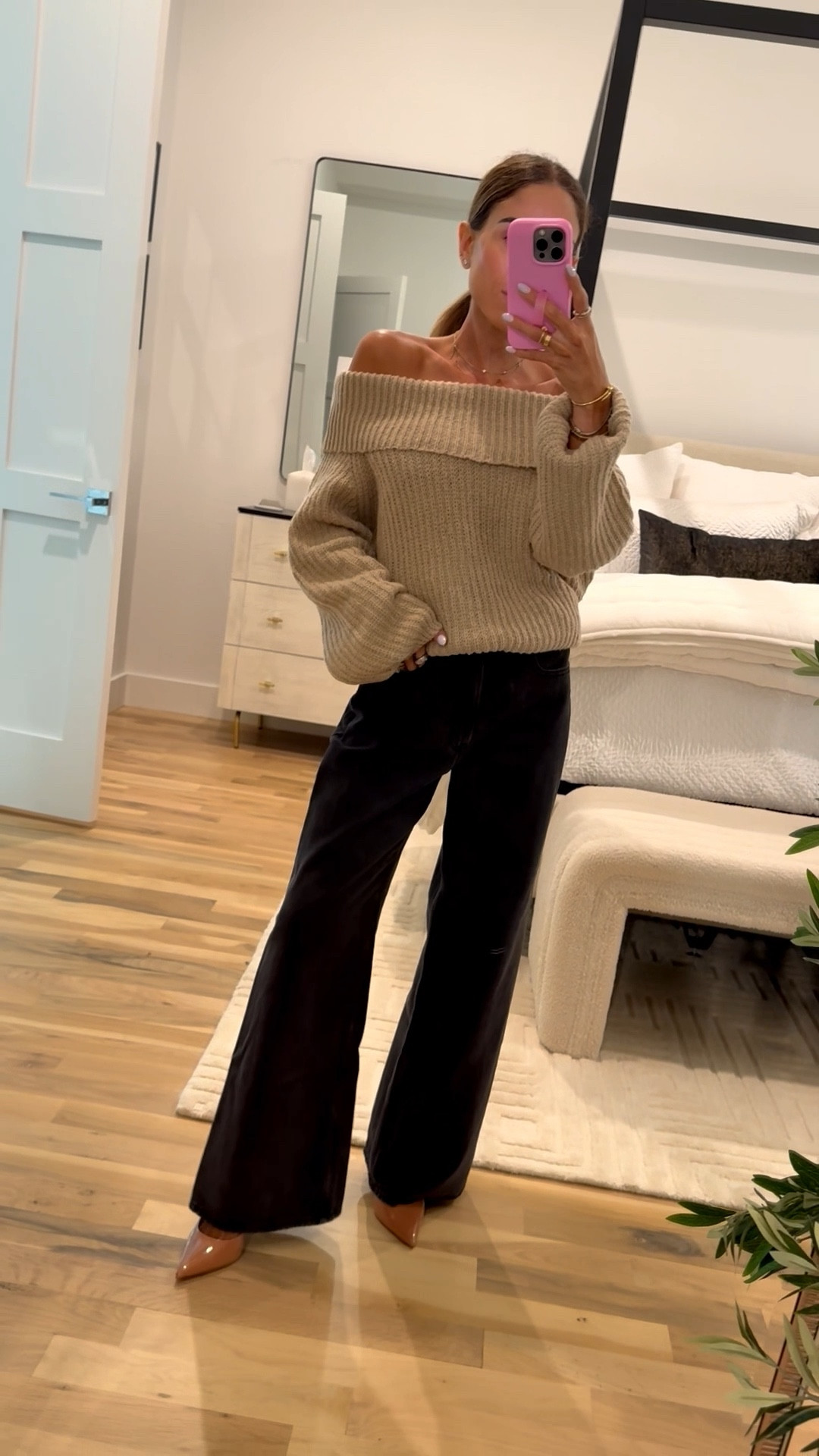 Black wide leg jeans back in stock and on trend. Wearing smallest size with Amazon chunky off shoulder  sweater 

#LTKFindsUnder50 #LTKPetite #LTKFindsUnder100