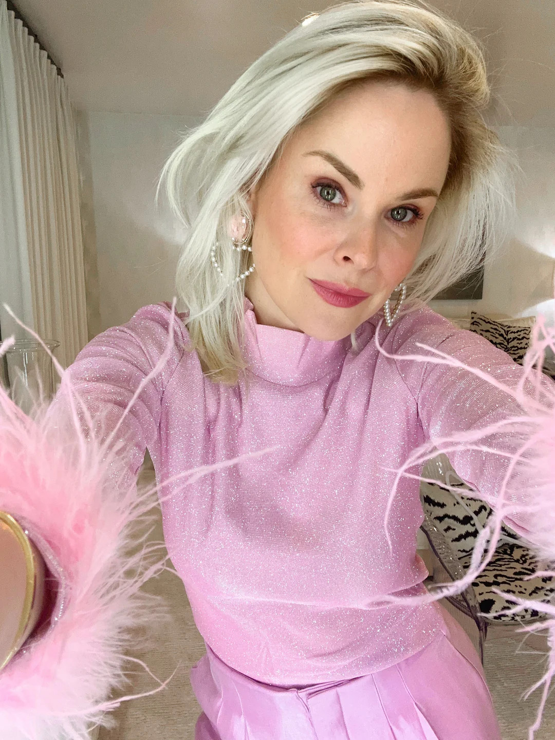 Metallic Turtle Neck Top With Feather Cuffs | Teggy French