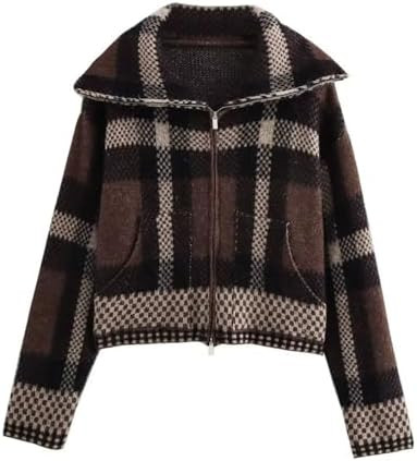 Chevara Women’s Checkered Cardigan Sweater Vintage Lapel Collar Long Sleeve Zip Up Knit Sweatsh... | Amazon (US)