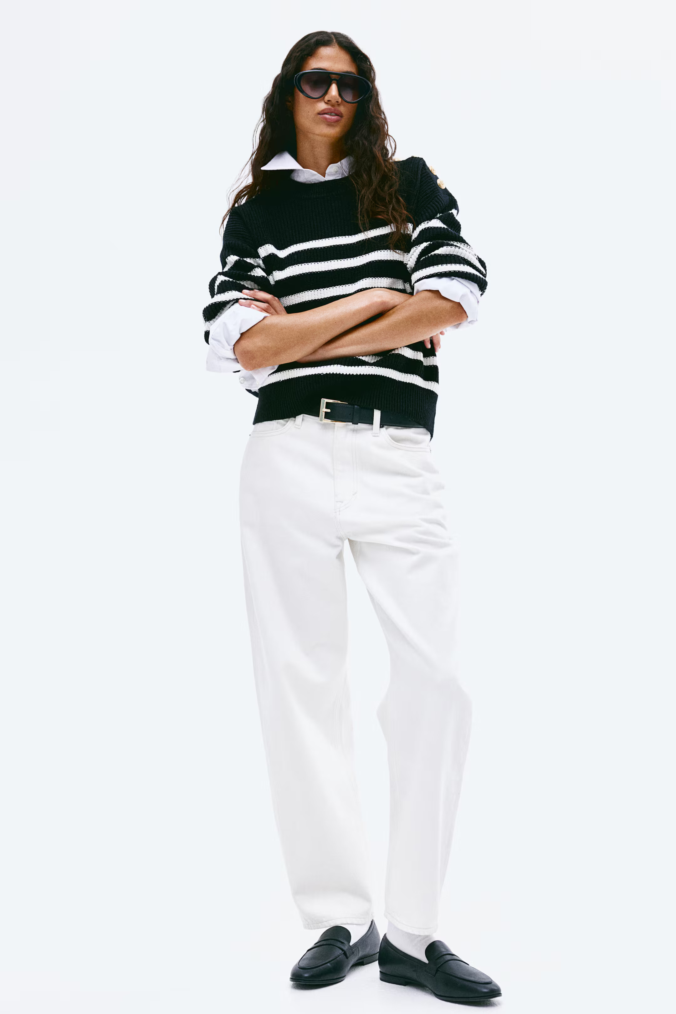 Button-Detail Sweater - Black/striped - Ladies | H&M US | H&M (US + CA)