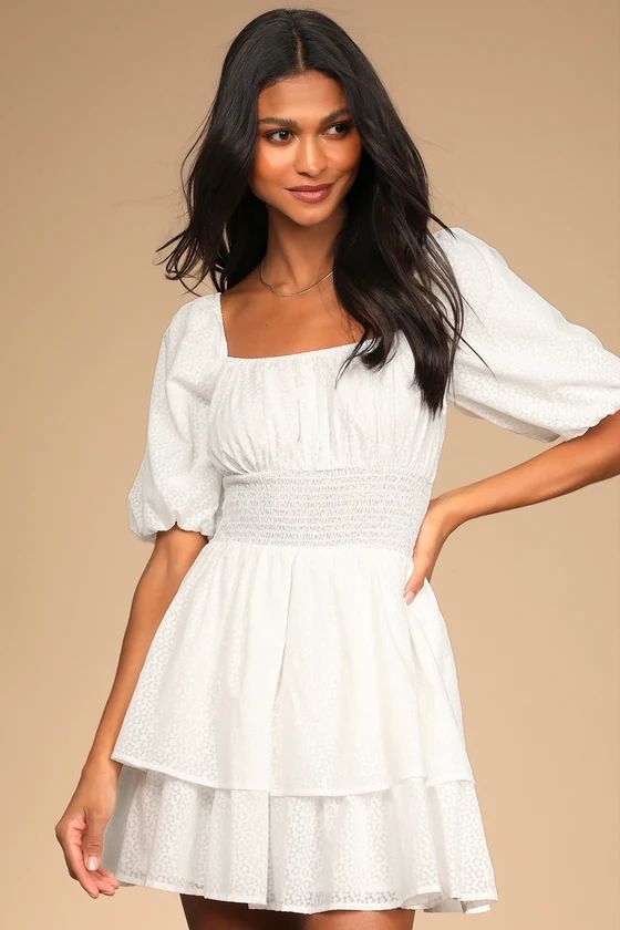 Tiers To Me White Puff Sleeve Tiered Skater Mini Dress | Lulus (US)