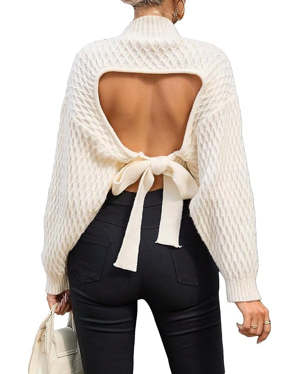GORGLITTER Women's Open Tie Back Long Sleeve Sweater Top Mock Neck Backless Drop Shoulder Knit Sw... | Amazon (US)