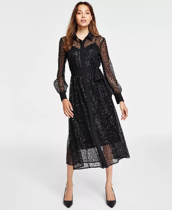 Women's Button-Front A-Line Sequin Lace Dress, Created for Macy's | Macy's