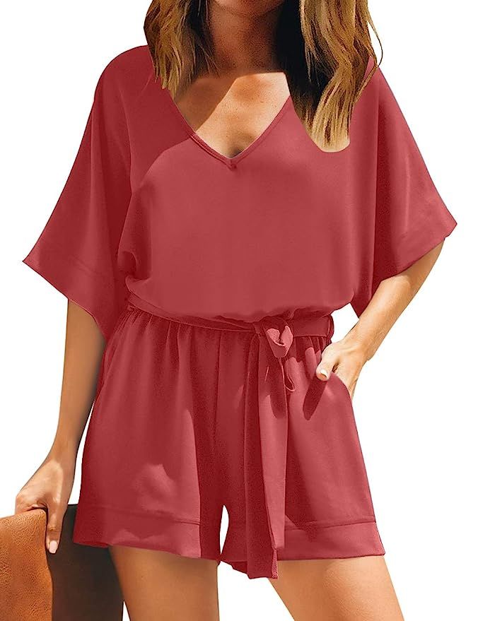 Utyful Women's Casual V Neck 3/4 Bell Sleeve Belted Chiffon One Piece Romper Shorts | Amazon (US)