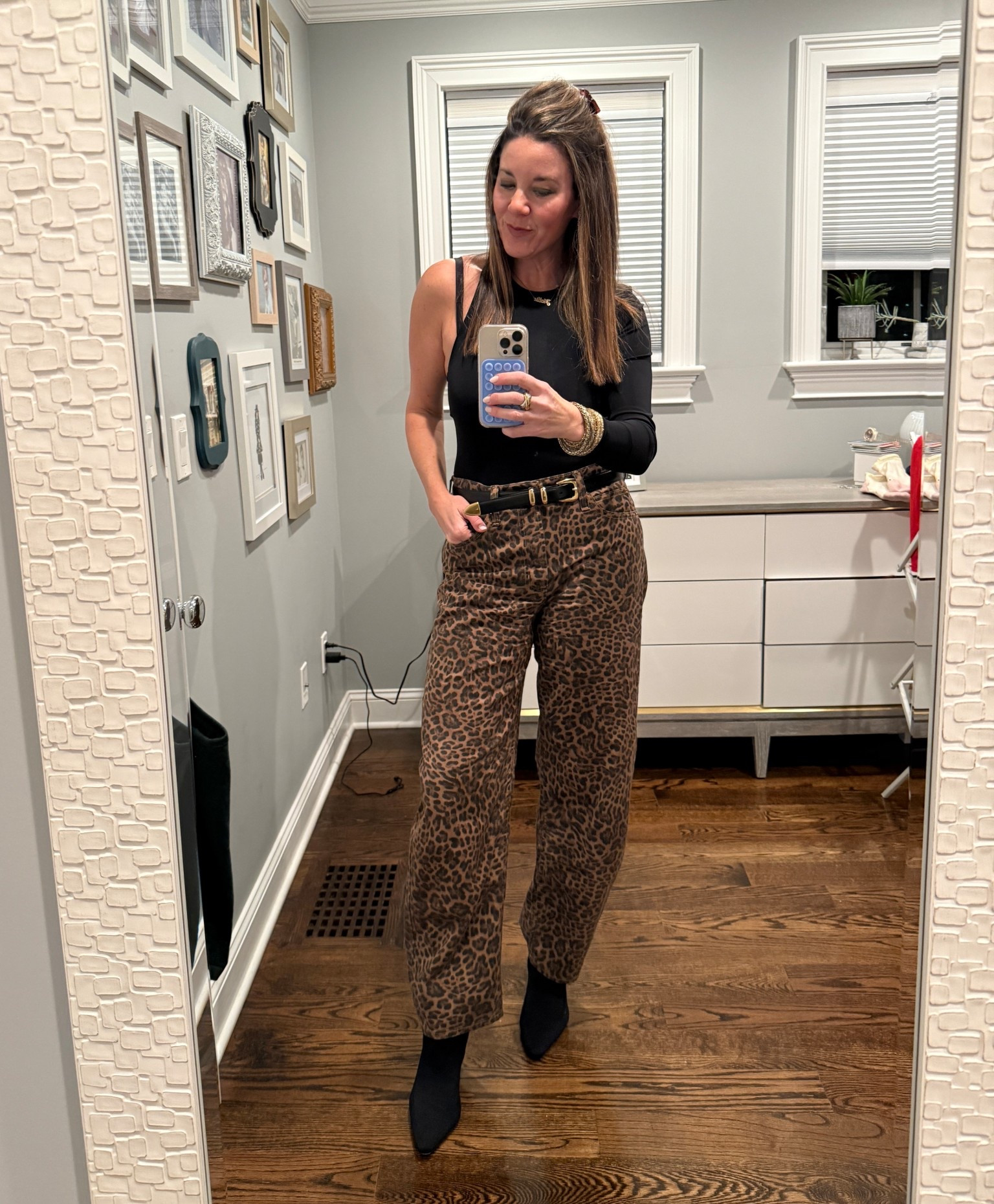 These barrel leopard jeans have turned out to be a fave this season! Paired them for a night out last night with a one shoulder bodysuit, belt, and pointy booties. It was comfy and chic and I felt cute all night! 🖤

#LTKootd #LTKOver40 #LTKMidsize