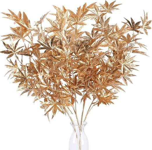 HO2NLE 4PCS Artificial Maple Leaf Shrubs Fake Fall Branches 25.6 inch Gold Autumn Plants for Home... | Amazon (US)