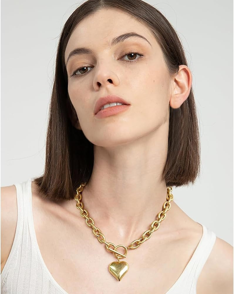 Chunky Gold Pendant Necklaces For Women Gold Chain links With Sun Heart Lion Conch Shell Charms S... | Amazon (US)