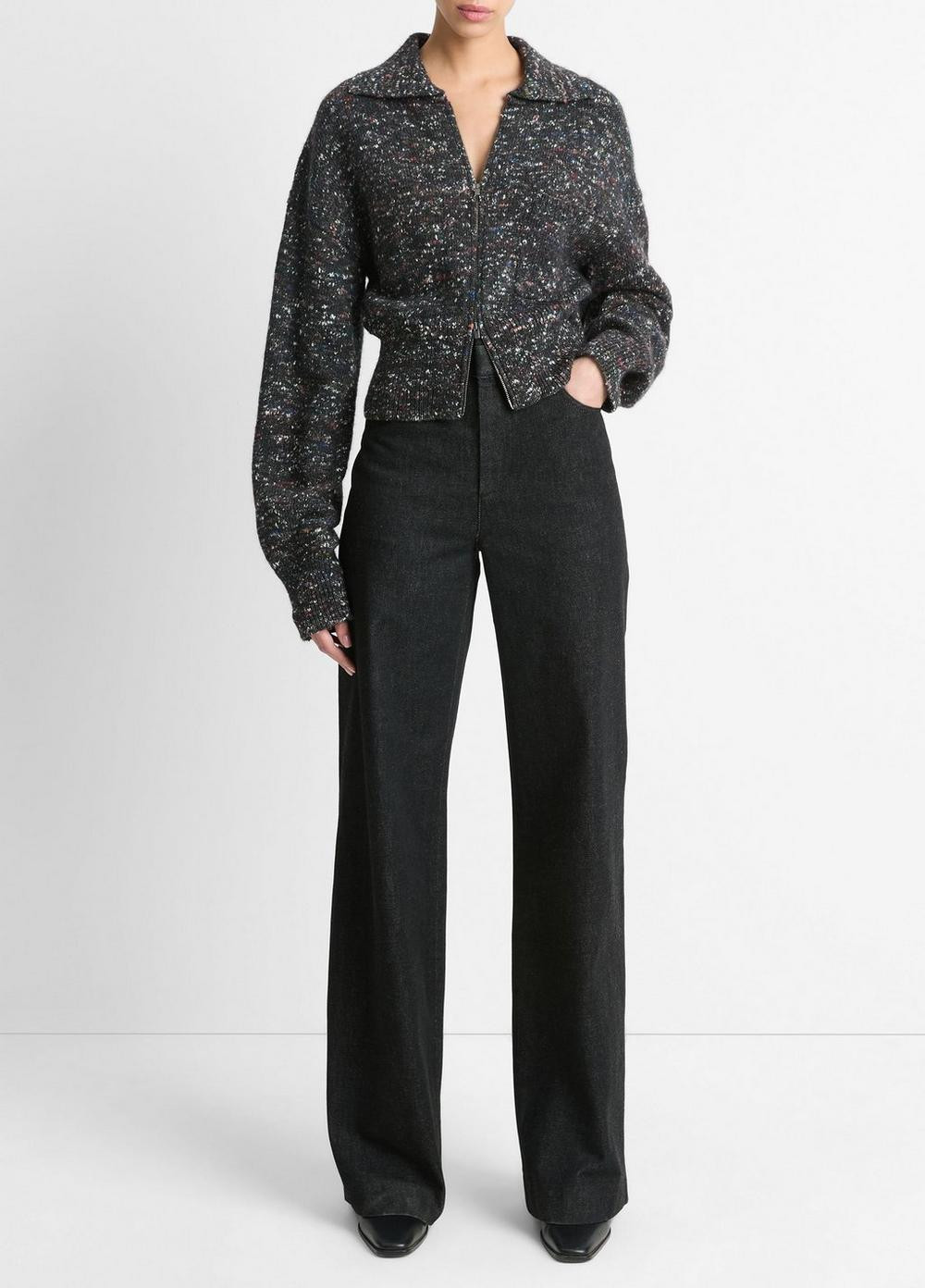 Women's Italian Wool-Silk Donegal Cardigan Jacket, Black Donegal, Size XXS Vince | Vince LLC