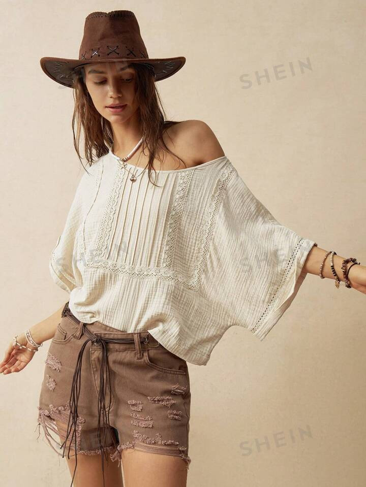 SHEIN BohoFeels Women Casual Contrast Lace Textured Summer Blouse | SHEIN