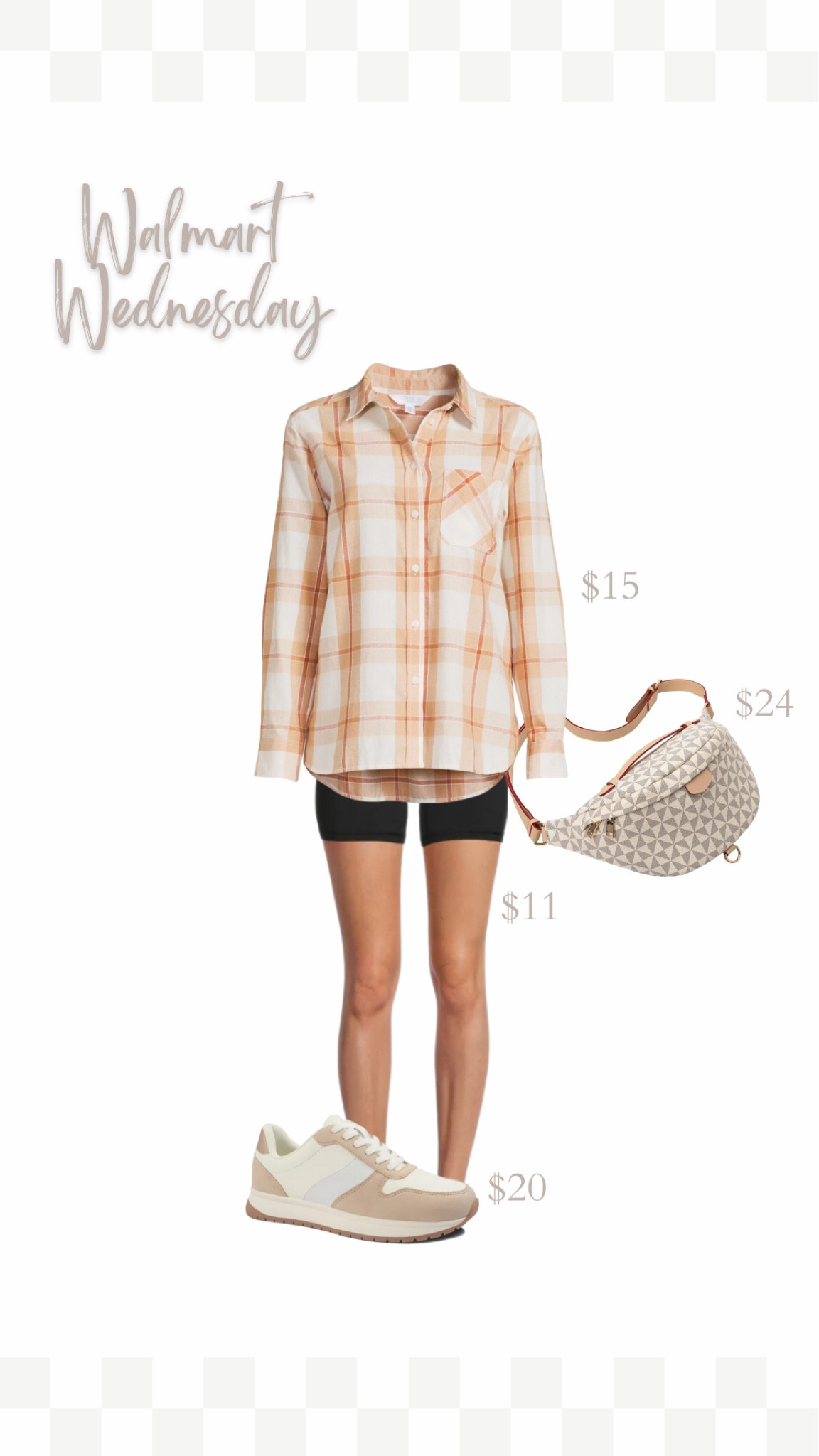 Summer to fall Walmart fashion 👟 biker shorts, oversized plaid, bum bag, sneakers, casual style  

#LTKunder50 #LTKSeasonal #LTKBacktoSchool