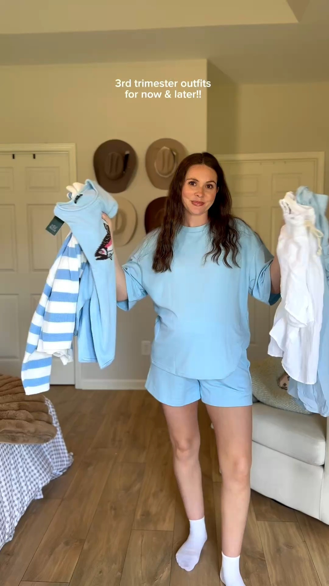 Outfits I’m wearing now in the 3rd trimester but also wearing postpartum! 

Sizes: 
Light blue, white, & blue set: medium 
Stripped white and blue set: small but wish I got a medium 
Brown set: small (wearing this home from the hospital) 
White linen: small top & bottom 
Fish sweater: medium 
Blue onesie: medium 

#LTKBaby #LTKBump #LTKmomlife