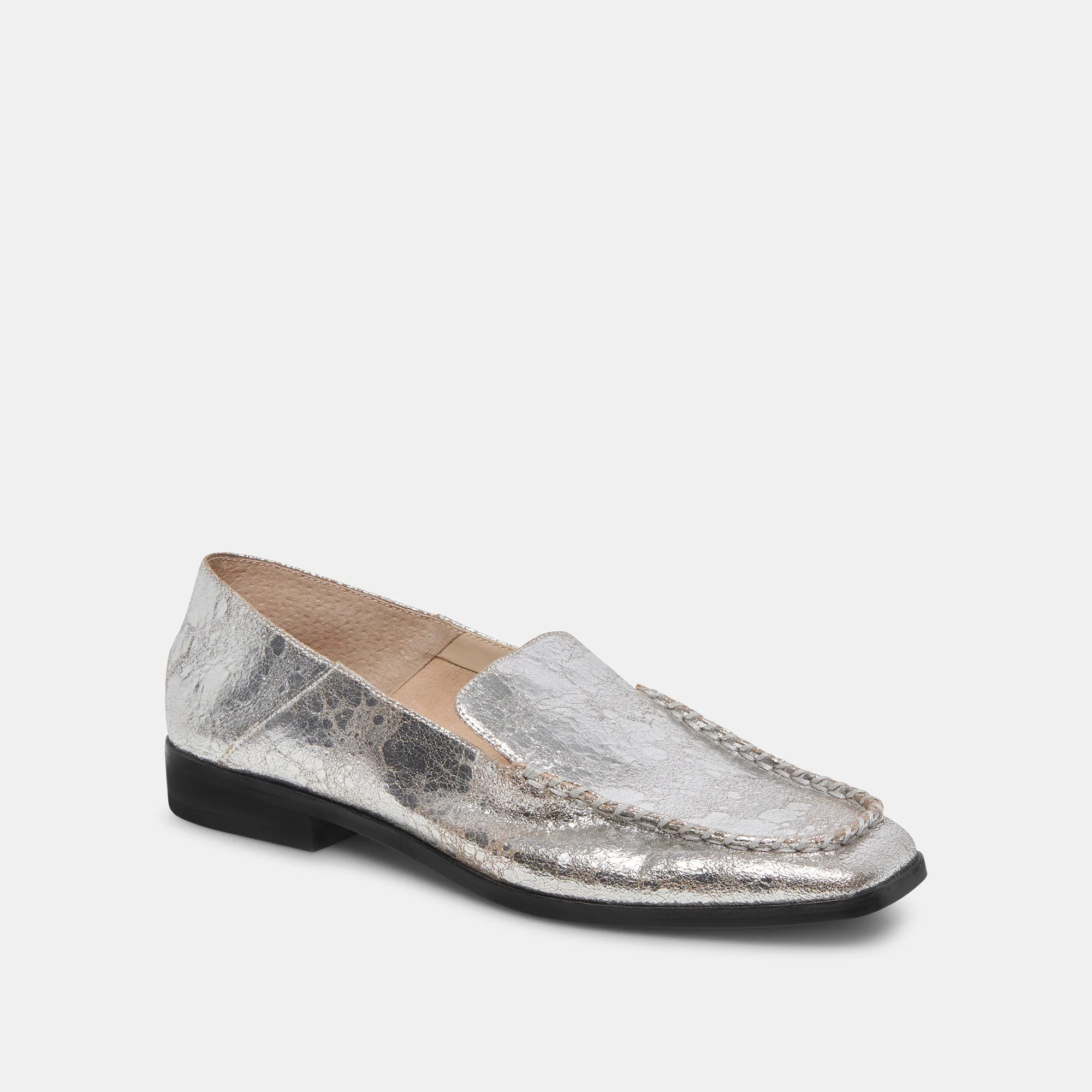 Beny Flats Silver Distressed Leather | Silver Leather Flats for Women | DolceVita.com
