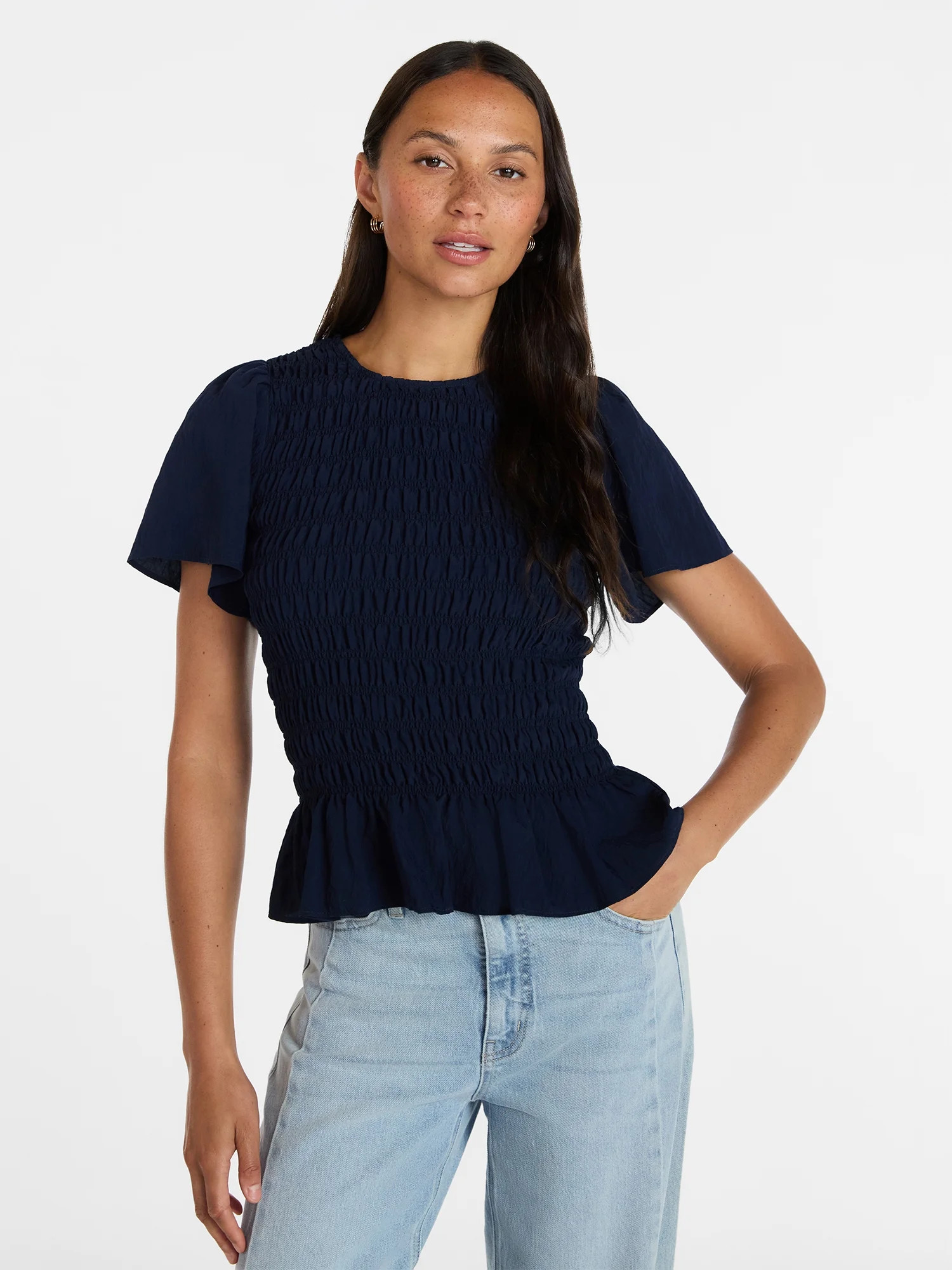 Time and Tru Women's Smocked Top with Peplum Hem, Sizes XS-XXXL | Walmart (US)