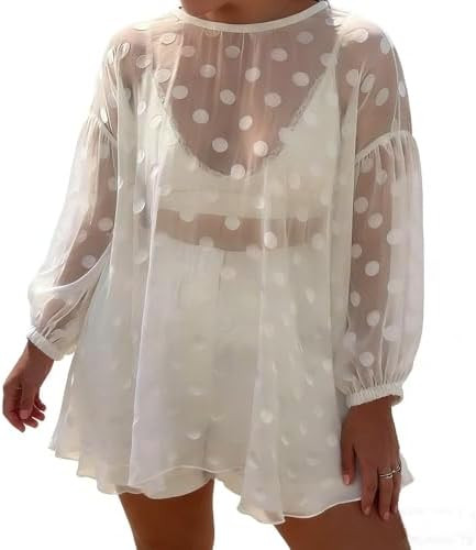 ROAONOCOMO Women Polka Dot Sheer Mesh Blouse Chiffon Long Puff Sleeve Tunic Shirt Ruffle Flowy Va... | Amazon (US)