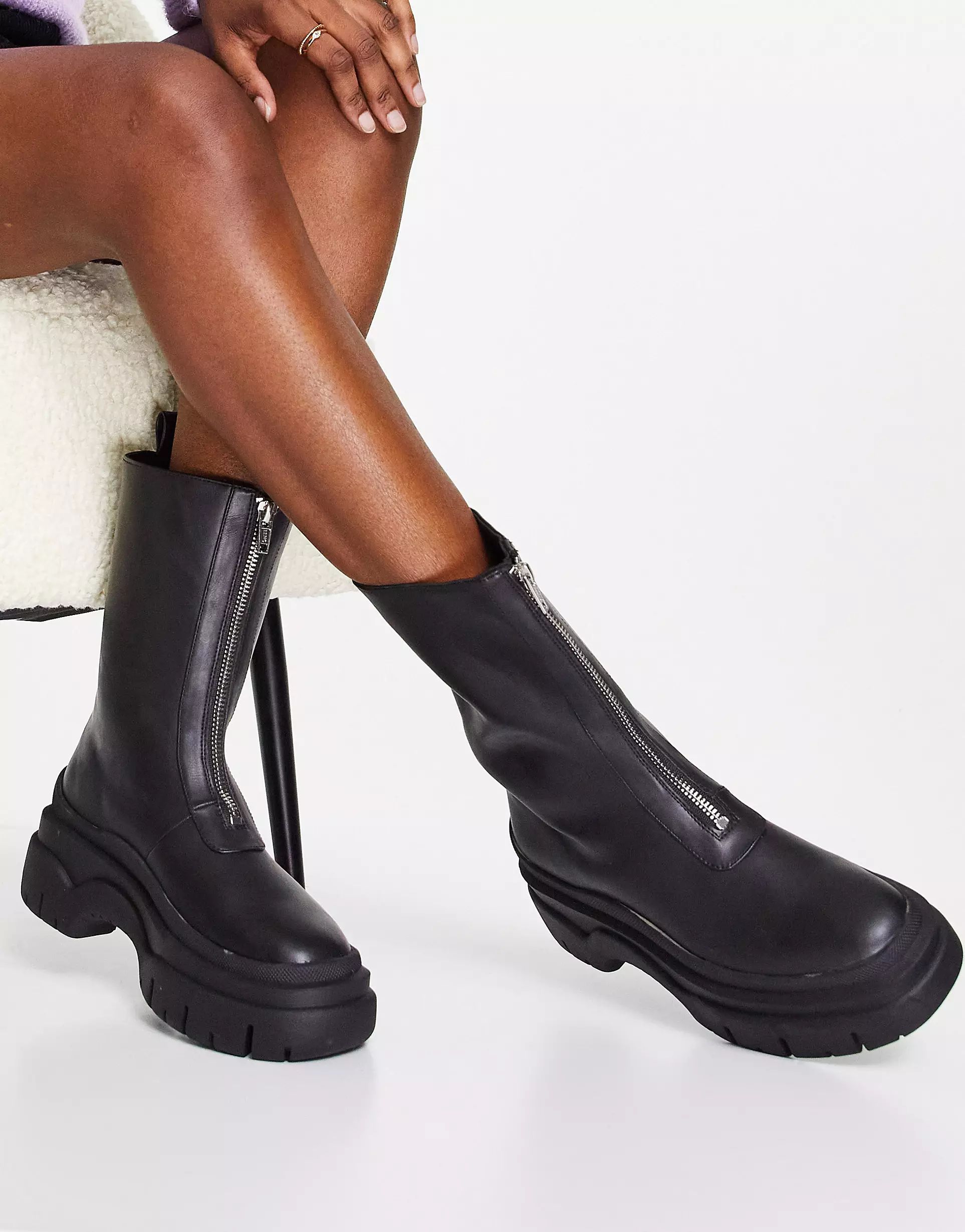 Monki vegan chunky zip front boots in black | ASOS (Global)