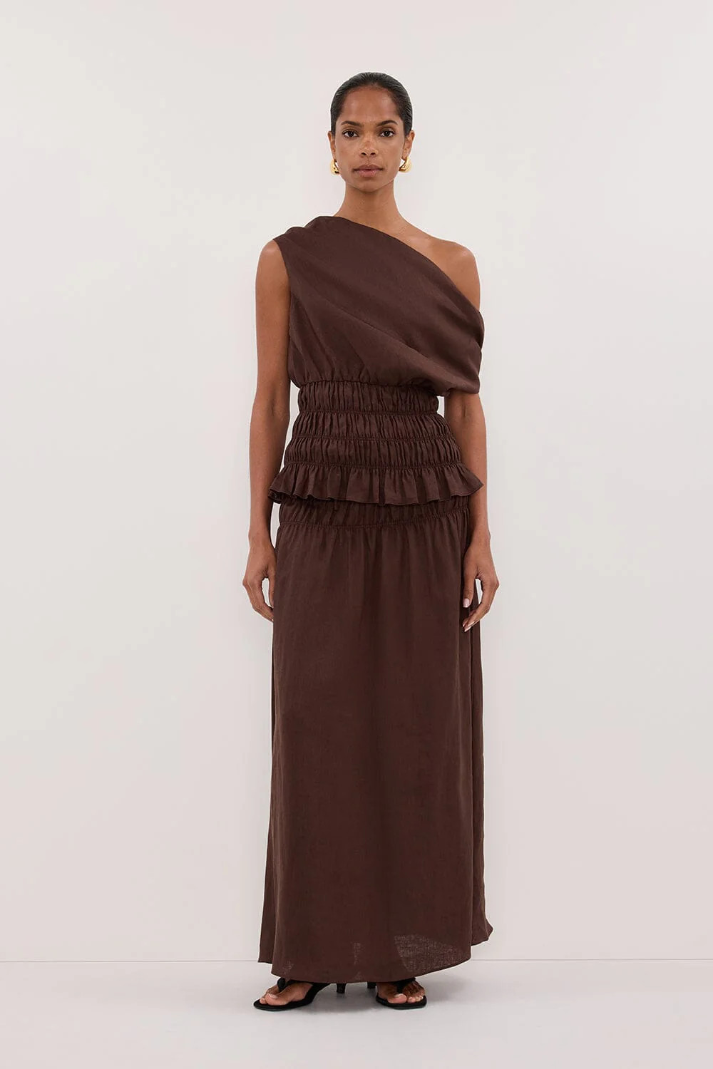 MAIA COCOA LINEN SHIRRED MIDI SKIRT | DISSH