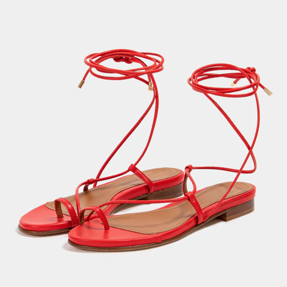 FSJ Women's Red Lace-Up Comfortable Flat Toe Loop Sandals | FSJshoes.com