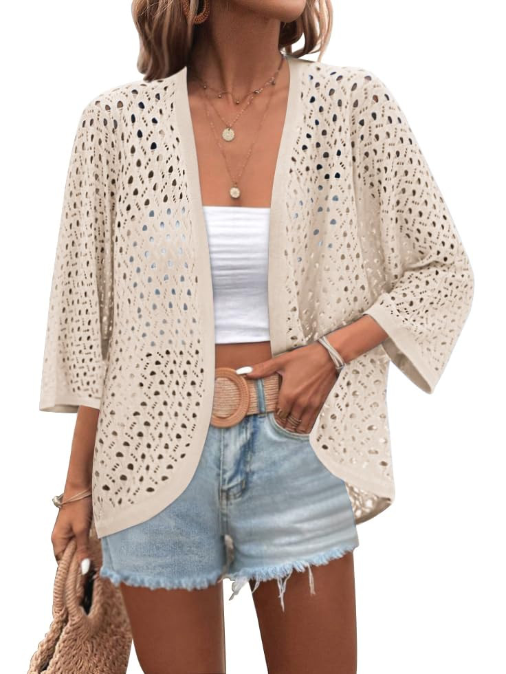 Zeagoo Womens Summer Crochet Cardigan Sweaters Lightweight Open Front 3/4 Sleeve Batwing Kimono B... | Amazon (US)
