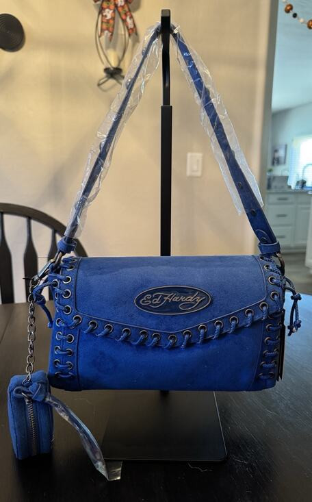 NWT Ed Hardy Royal Blue Suede Shoulder Bag With Grommets And Lace Up Trim | Poshmark