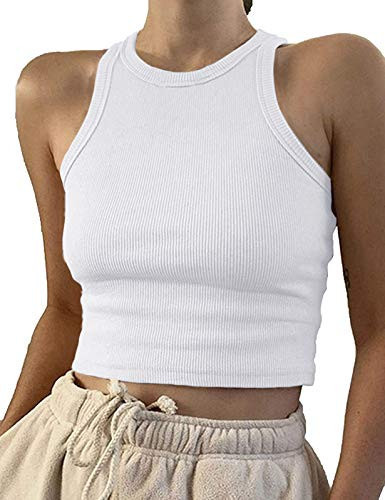Artfish Women Casual Basic Sleeveless High Neck Rib-Knit Front Racerback Crop Tank Top 01#White,S | Amazon (US)